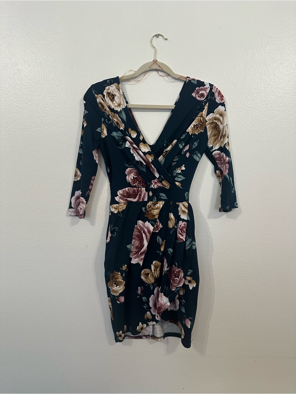 iris Floral Wrap Dress in Dark Green with Pink and Tan Blooms